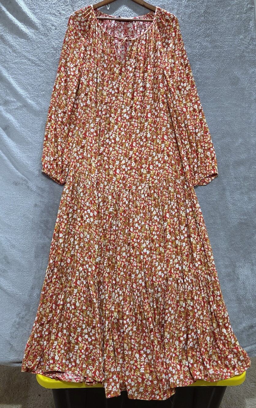 Sonoma Womens Red Floral Tiered Long Sleeve Maxi Dress Size Large Cottagecore